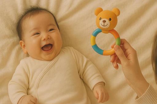 オモチャで喜ぶ赤ちゃん オモチャで喜ぶ赤ちゃんの写真