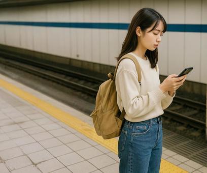 駅ホームでスマホを見る学生風の女性の写真