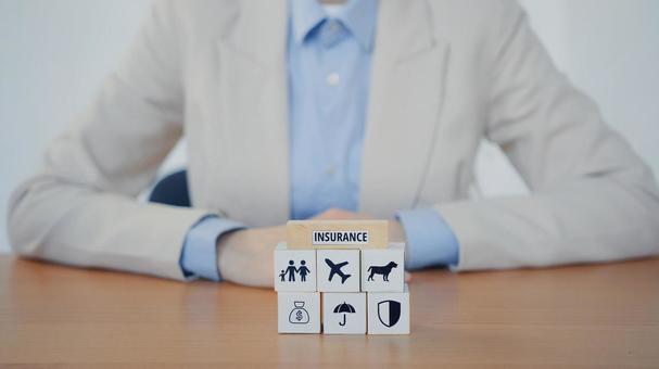 並んだキューブを前に説明する様子 保険業,事務職,接客業の写真素材