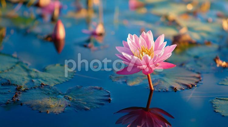 朝日に照らされる美しいピンクの蓮の花 蓮,ハス,蓮の花の写真素材