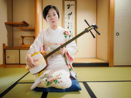 33:三味線を演奏する和服の女性 33:三味線を演奏する和服の女性 三味線,着物,伝統芸能の写真素材