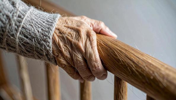 階段の手すりをつかむ老人の手 階段の手すりをつかむ老人の手の写真