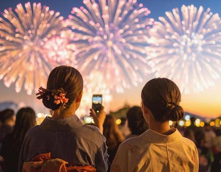 花火大会で花火を見ている浴衣の女性 花火大会で花火を見ている浴衣の女性の写真