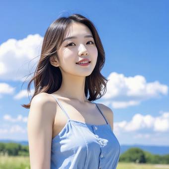 若い女性 夏の青空 若い女性 夏の青空の写真