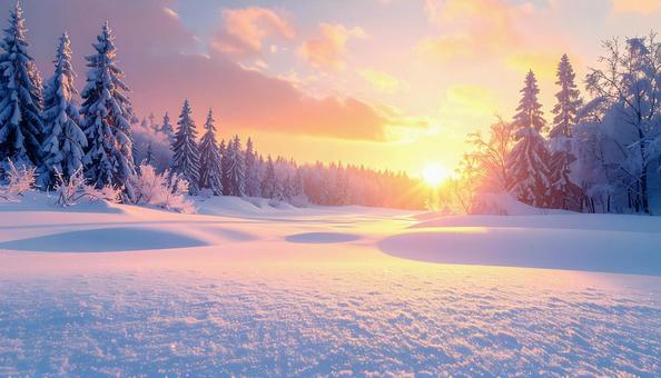 夕焼けに輝く雪原と森 夕焼けに輝く雪原と森の写真