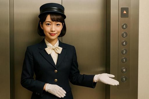 エレベーターで案内する女性 エレベーターで案内する女性の写真
