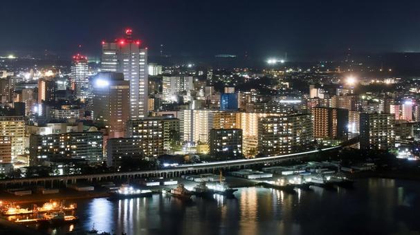 千葉みなと駅付近ビル街の夜景と港 夜景,千葉みなと,京葉線の写真素材