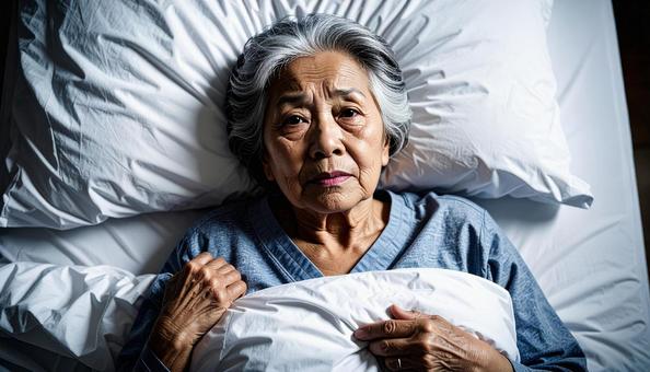 病院のベッドで横になる高齢女性患者の写真