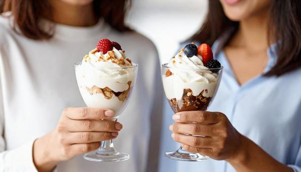 カフェでパフェを食べる女友達 カフェでパフェを食べる女友達の写真