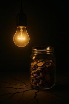 電球と金貨の瓶 電球と金貨の瓶の写真