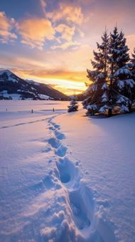 雪の黄昏の景色 冬の針葉樹 雪の黄昏の景色 冬の針葉樹の写真