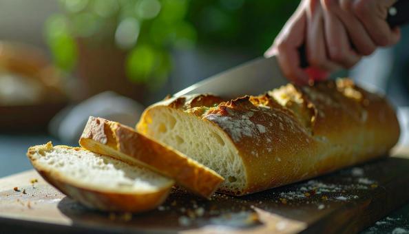 フランスパンをナイフでカットしている手元の写真