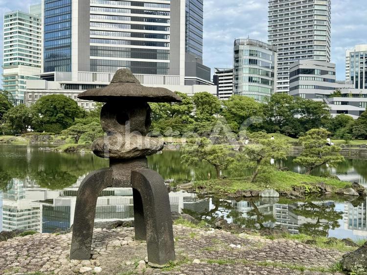 6月　旧芝離宮恩賜庭園 灯籠,マツ,岩の写真素材