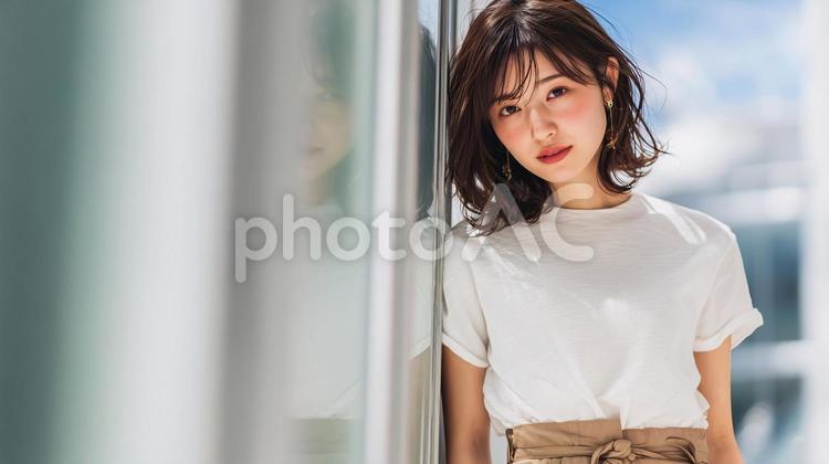 太陽の光を反射するガラス窓の前で立つ女性 女性,若い,綺麗の写真素材