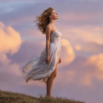 美しい夕焼けに包まれた女性のシルエット 美しい夕焼けに包まれた女性のシルエットの写真