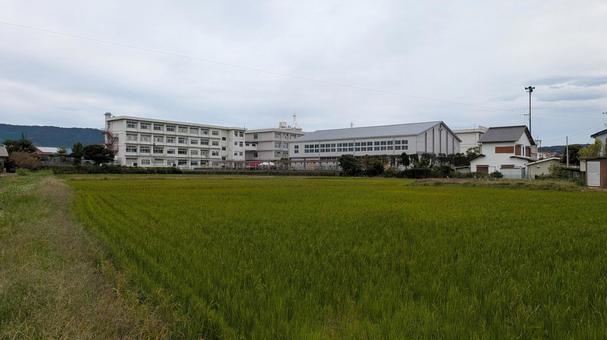 田舎の高校 景色,曇り,高校の写真素材