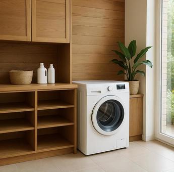 自然光が差し込む明るいランドリースペースの写真