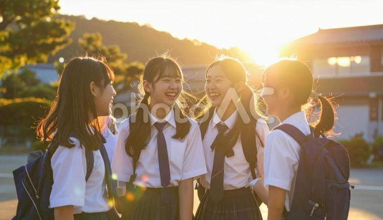 放課後、夕日を背景に笑い合う女子高校生 女子高校生,夕日,制服の写真素材