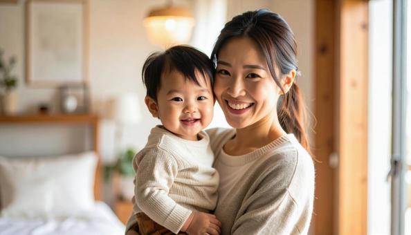 笑顔で子供を抱っこする女性の写真