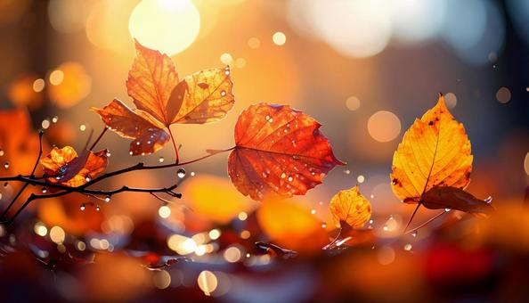 キラキラと光る紅葉の葉と雫の背景 キラキラと光る紅葉の葉と雫の背景の写真