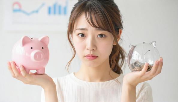 投資か貯金、どちらがいいか悩む若い女性 投資か貯金、どちらがいいか悩む若い女性の写真