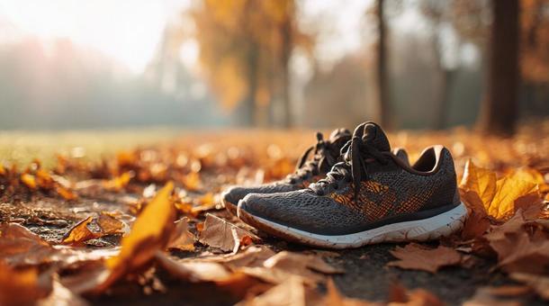 秋の公園でジョギングする足元の写真