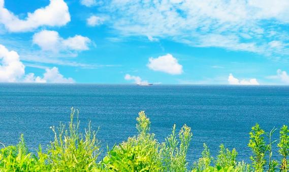 海と船と夏草と 海と船と夏草と 海,沖合,青空の写真素材