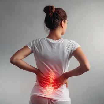 腰痛で背中を押さえる女性のイメージの写真