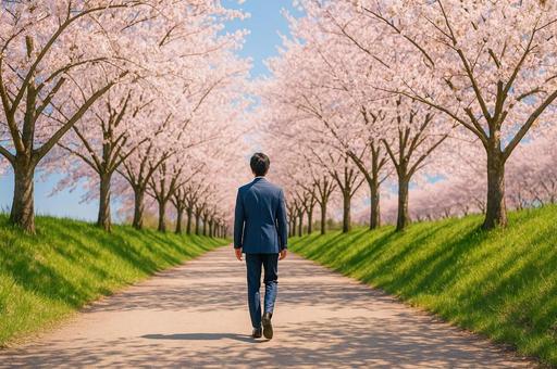 桜並木の道を歩くスーツ姿の人物の後ろ姿 桜並木の道を歩くスーツ姿の人物の後ろ姿の写真