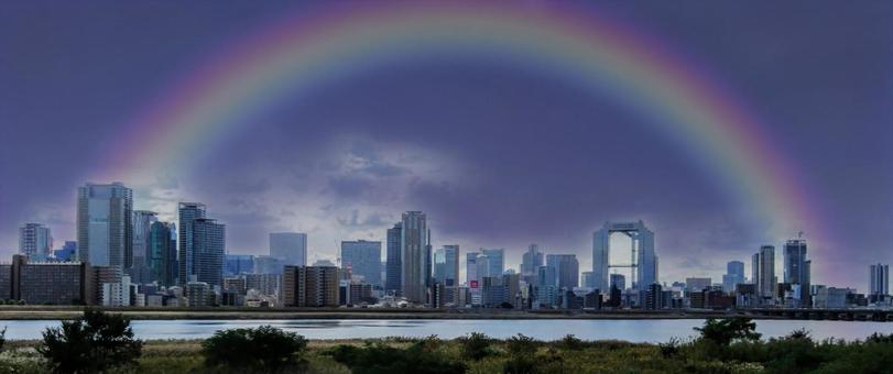 Osaka Umeda Buildings and Rainbow, building group, rainbow, seven colors, JPG