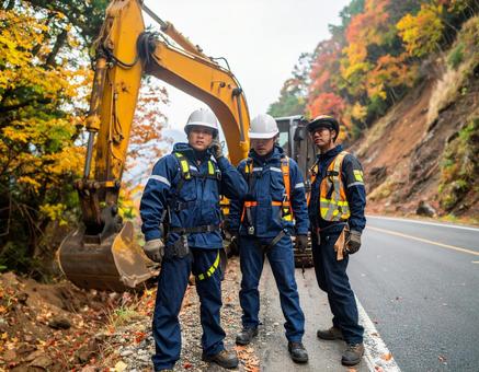 災害復旧チーム・崖崩れ現場に急行 災害復旧チーム・崖崩れ現場に急行の写真