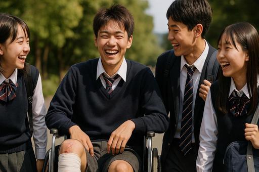 笑顔広がる車椅子の友情 笑顔広がる車椅子の友情の写真