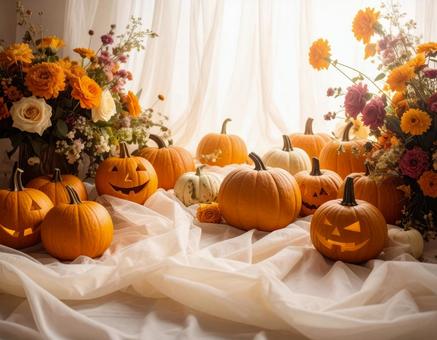 ハロウィンと透明感のある柔らかな布と花 ハロウィンと透明感のある柔らかな布と花の写真