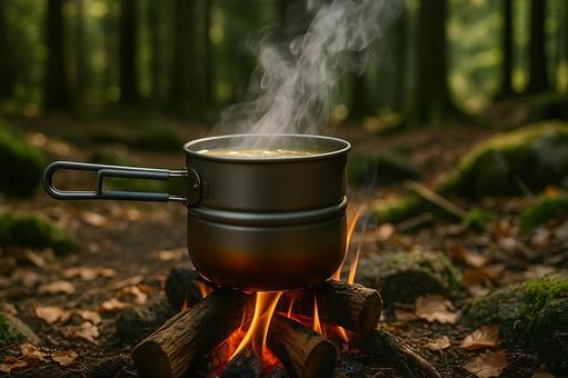 森のキャンプ焚き火と多機能クッカーの写真