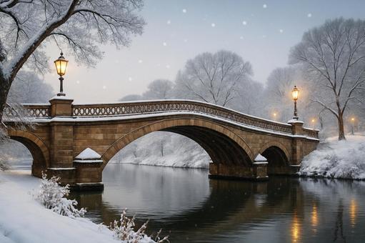 雪景色の石橋と冬の川 雪景色の石橋と冬の川の写真
