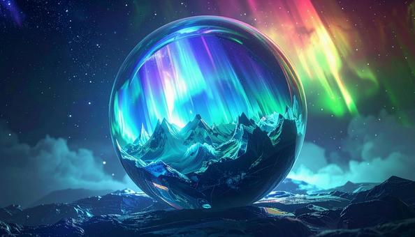 宇宙に浮かぶオーロラのクリスタル球体 宇宙に浮かぶオーロラのクリスタル球体の写真