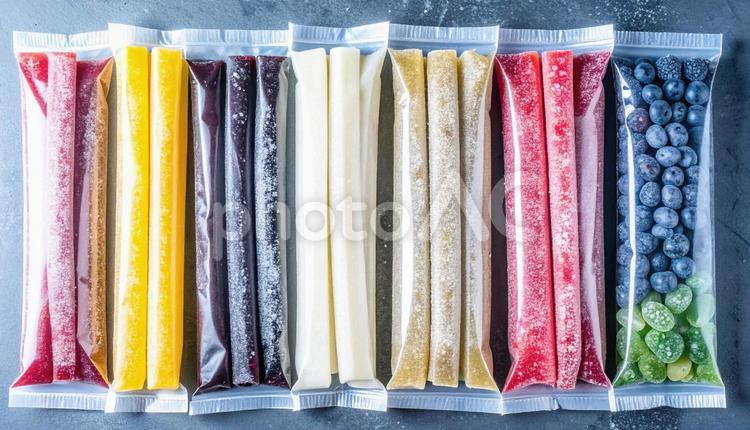 色々な種類のスティックゼリー 駄菓子,スティック,青色の写真素材