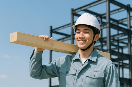 建設現場で微笑む作業員 建設現場で微笑む作業員の写真