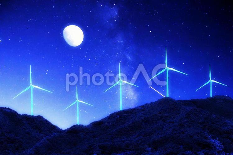 風力発電と星空・イメージ 風力発電,星,空の写真素材