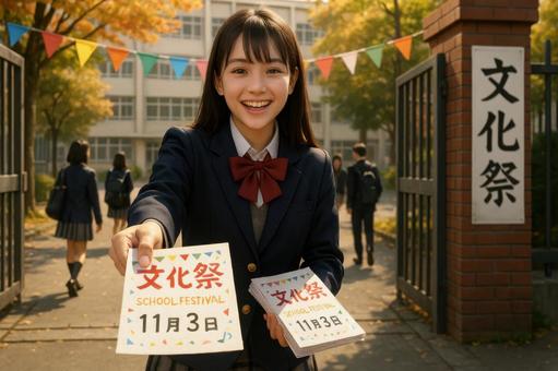 文化祭パンフレットを配る生徒 文化祭パンフレットを配る生徒の写真