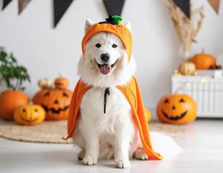 ハロウィンのコスチュームで仮装した犬 ハロウィンのコスチュームで仮装した犬の写真