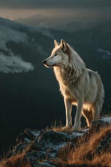 夕暮れの山とオオカミ 夕暮れの山とオオカミの写真