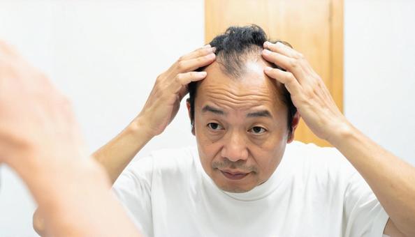 脱毛症 鏡を見て薄毛に悩む中年男性 脱毛症 鏡を見て薄毛に悩む中年男性の写真