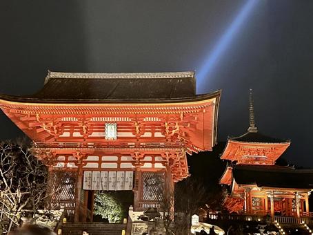 夜の神社門とライトアップ 夜の神社門とライトアップの写真