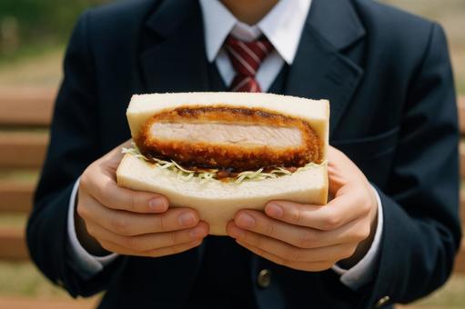 大盛りカツサンドを持つ学生の手元 大盛りカツサンドを持つ学生の手元の写真