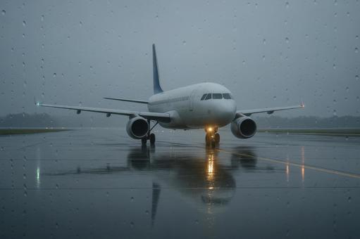 離陸前の滑走路と飛行機 離陸前の滑走路と飛行機の写真