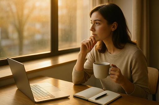 ノートパソコンとコーヒーで窓際に座る女性 ノートパソコンとコーヒーで窓際に座る女性の写真