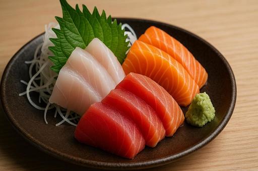 鮮やかな刺身盛り合わせ皿・マグロ・海鮮 鮮やかな刺身盛り合わせ皿・マグロ・海鮮の写真