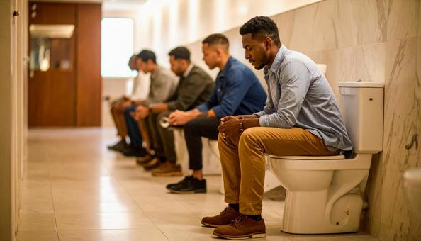 男子トイレで暇つぶしをする男性 男子トイレで暇つぶしをする男性の写真