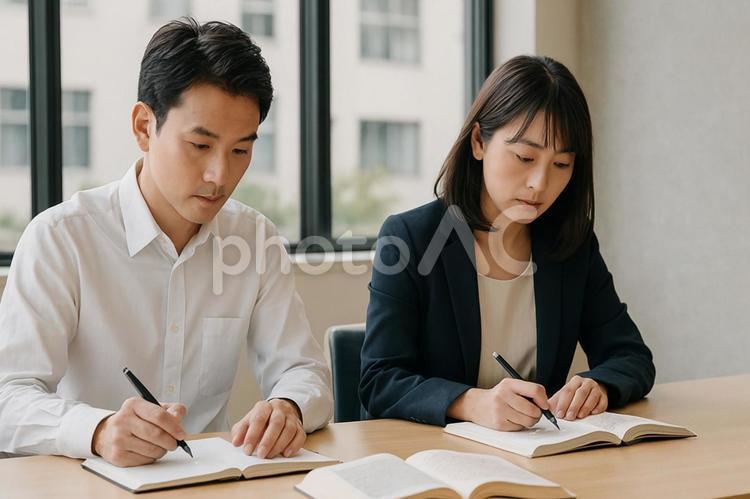  勉強する男女  資格試験,昇進試験,社会人の写真素材